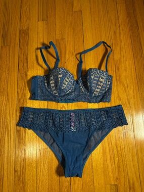 Adore Me Lace Bra and Panty Set 32B Medium Blue Tan